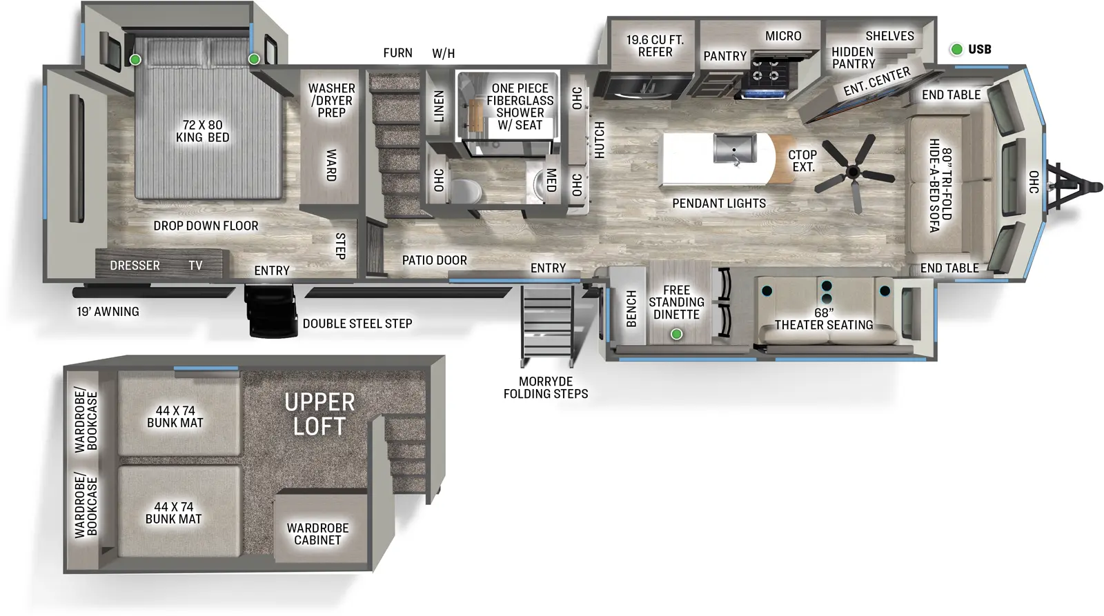 The Sierra Destination 399LOFT floorplan has two entries and three slide outs. Exterior features include: fiberglass exterior and 19' awning. Interiors features include: loft, kitchen island, free-standing dinette option, rear bedroom and front living.